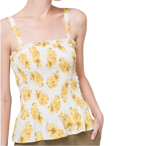 White House Black Market (WHBM) Yellow Pineapple Print Smocked Top - Picture 2 of 7